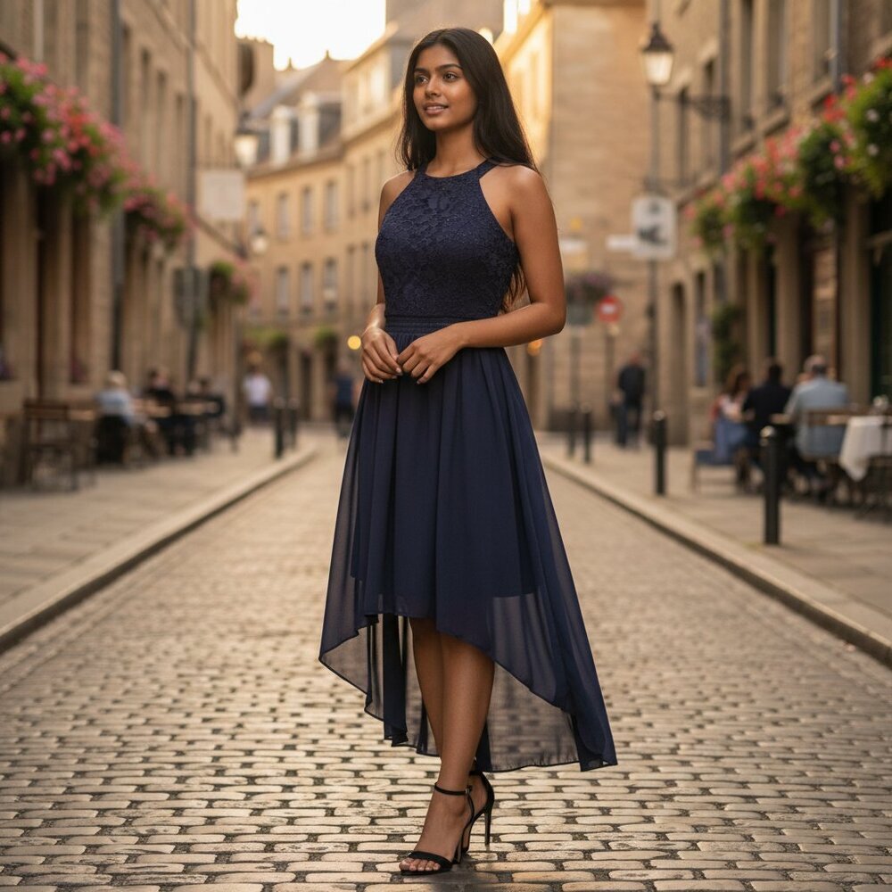SPEECHLESS SZ 9 Jr High-Low Halter-style Sparkle Lace Cocktail Dress/Gown Navy